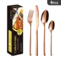 Set di posate da 4 pezzi in acciaio inossidabile oro rosa, forchetta, coltello e cucchiai. - Set da 4 pezzi / Scatola a Colori / Oro rosa