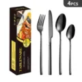Set di posate nere in acciaio inossidabile da 4 pezzi, coltello forchetta cucchiaio moderno - Set da 4 pezzi / Scatola a Colori / Nero
