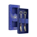 Stainless steel heart-shaped fruit forks set with blue luxury gift box packaging. - Heart Fruit Fork / 2-Piece Blue Box Set / Gold