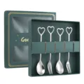 Stainless steel heart-shaped coffee spoon and fruit fork gift set in dark green box. - Heart Spoon and Fork Set / 4-Piece Green Box Set / Silver