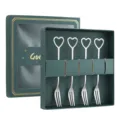 Stainless steel heart-shaped fruit fork gift set, green box, elegant tableware variant. - Heart Fruit Fork / 4-Piece Green Box Set / Silver