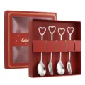 Stainless steel heart-shaped spoon fork gift set, creative tableware for coffee and fruit. - Heart Spoon and Fork Set / 4-Piece Red Box Set / Silver