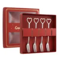 Stainless steel heart shaped fruit fork gift set, elegant red box tableware for kitchen dessert - Heart Fruit Fork / 4-Piece Red Box Set / Silver