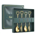 Golden heart-shaped handle stainless steel coffee spoon and fruit fork gift set model gold - Heart Spoon and Fork Set / 4-Piece Green Box Set / Gold