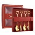 Stainless steel heart shaped gold spoon and fork gift set for coffee, dessert and fruit lovers. - Heart Spoon and Fork Set / 4-Piece Red Box Set / Gold