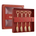 Gold stainless steel heart-shaped fruit fork set with elegant red gift box packaging. - Heart Fruit Fork / 4-Piece Red Box Set / Gold