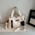 Women travel duffel bag sports fitness bag casual shoulder bag large capacity luggage bag - Cream White with Pendant