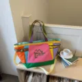 Korean style color block canvas tote bag, large capacity casual shoulder bag for travel. - Pink