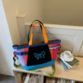 Korean style color-block canvas tote bag, large capacity travel and commuter shoulder bag. - Black