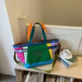 Stylish korean style patchwork canvas large capacity tote bag for daily travel. - Green