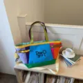 Colorful canvas tote bag, large capacity shoulder bag for daily commute, travel and casual use. - Blue