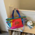 Colorful canvas tote bag large capacity casual shoulder bag for women commuting travel - Orange