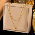 Elegant double-layered 18k gold plated stainless steel heart necklace with beads - Double-layer Heart Chain (QZXLH1553) / Gold