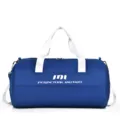 Blue sports gym duffel bag with white straps for fitness training, travel and yoga use. - Blue