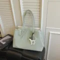 Sage green tote bag large capacity shoulder bag with cute puppy pendant for daily commute. - With Pendant / Mint Green