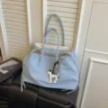 Light blue tote bag large capacity shoulder bag stylish commuting bag with cute dog charm - With Pendant / Sea Salt Ice Cream