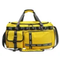 Large capacity yellow travel duffel bag with shoulder strap and multiple pockets. - Yellow
