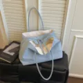 Light blue colorblock tote bag, large capacity shoulder bag, stylish commuter bag, chic design. - No Pendant / Sea Salt Ice Cream