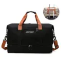 Large capacity travel duffel bag with separate bottom compartment and trolley sleeve in black and brown. - Black