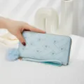 Light blue wallet wristlet with cute heart embroidery and fluffy pom pom charm for women. - Blue