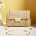 Chic straw woven crossbody bag with metal chain strap and lock closure for summer fashion style. - Khaki
