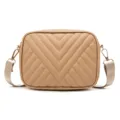 Beige Gesteppte Umhängetasche, Chevron Schultertasche mit Gold Hardware und Breitem Gurt - Khaki