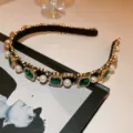 Detail view of luxury pearl rhinestone headband, French court style vintage black gold hair hoop. - Green