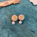 Detail shot of vintage pearl cluster earrings showcasing delicate gold metalwork and texture. - 14# Silver Needle Earrings - Golden Pearl Cluster (Real Gold Plated)