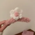 Pink knitted flower hair claw clip, sweet plush hair accessory for women and girls daily wear. - Curly Flower Claw Clip / Pink and White