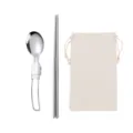 Edelstahl Klappbesteck Set mit Löffel, Stäbchen und tragbarem Stoffbeutel für Outdoor. - Löffel & Essstäbchen mit weißem Beutel