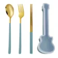 Portable guitar shaped cutlery set with 304 stainless steel spoon, fork, chopsticks. - Gold Spoon Fork & Chopsticks (Green Case)