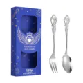 Stainless steel spoon and fork set with vintage design in a blue luxury gift box packaging. - Silver Spoon And Fork / Blue Gift Box