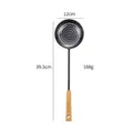 Black cast iron slotted spoon with wooden handle, 39.5cm long kitchen cooking tool. - Slotted Spoon