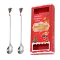 Kerst roestvrij staal lange lepel cadeau set met boom hanger voor koffie en feestelijketafeldecoratie - Kerstboom Hanger / Tweeledige Geschenkdoos / Zilver