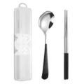 Portable stainless steel spoon and chopsticks set with clear storage box for daily use. - 2-Piece Spoon and Chopstick Sets / Two-Piece Set / Black Silver