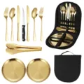 Set de couverts de camping en acier inoxydable doré avec fourchettes couteaux et sac - Ensemble de 10 Pièces (Avec Clip) / Or