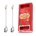 Kerstlepel cadeaugeschenk set roestvrij staal koffielepel met hanger en mooie geschenkdoos. - Rendier Hanger / Tweeledige Geschenkdoos / Zilver