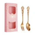Gold stainless steel cutlery set with a vintage pink gift box, perfect for coffee and desserts. - Gold Spoon And Fork / Pink Gift Box