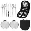 Set de vaisselle de camping en acier inoxydable portable avec couverts, assiettes et sac. - Ensemble de 9 Pièces (Sans Clip) / Argent