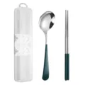 Portable 304 stainless steel cutlery set with spoon and chopsticks in clear storage box. - 2-Piece Spoon and Chopstick Sets / Two-Piece Set / Green Silver