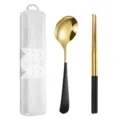 Portable stainless steel cutlery set with gold spoon and chopsticks in clear storage case. - 2-Piece Spoon and Chopstick Sets / Two-Piece Set / Black & Gold