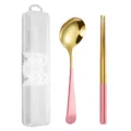Portable stainless steel cutlery set with case, gold and pink spoon and chopsticks set. - 2-Piece Spoon and Chopstick Sets / Two-Piece Set / Pink Gold