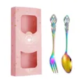 Set de cuillère et fourchette arc-en-ciel en acier avec boîte cadeau rose rétro. - Cuillère Et Fourchette Arc-en-ciel / Boîte Cadeau Rose