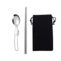 Set di cucchiaio e bacchette pieghevoli in acciaio inossidabile portatili con custodia nera. - Cucchiaio e bacchette con sacchetto nero