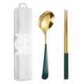 Portable stainless steel spoon and chopsticks set with storage case green and gold tableware - 2-Piece Spoon and Chopstick Sets / Two-Piece Set / Green and Gold