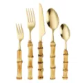 Gold stainless steel flatware set with bamboo style handles, 5 piece fork knife spoon table ware. - Gold 5-Piece Set