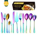12-piece rainbow stainless steel tableware set cutlery kitchen fork knife spoon kitchenware - Iridescent Style