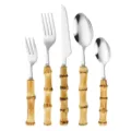 Stainless steel cutlery set with faux bamboo handles, vintage style flatware set for table. - Silver 5-Piece Set