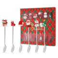 Weihnachts Edelstahl Obstgabeln Set mit süßen Cartoon Puppen Toppern und Geschenkbox - Gabel / 6-teilig (Rote Weihnachtsbox) / Silber