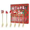 Weihnachten Edelstahl Löffel und Gabel Set mit süßen Harz Feiertagsfiguren für Party - Gabel / 6-teilig (Rote Weihnachtsbox) / Gold